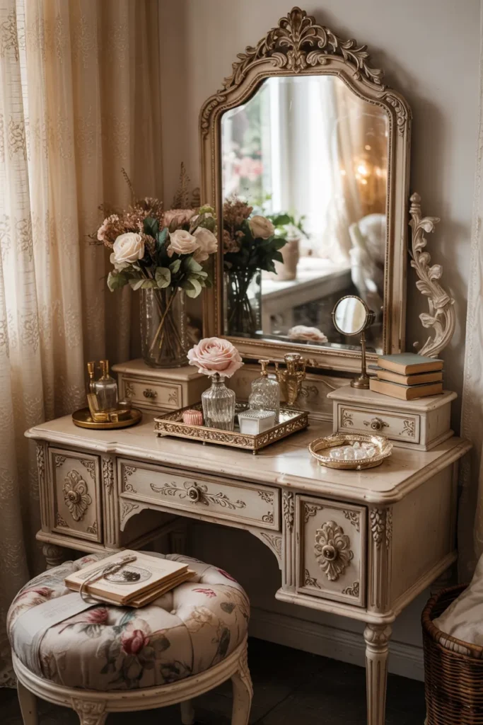 Vintage grandma aesthetic antique vanity corner with perfume bottles, pearl trays, silver brushes, ornate mirror, dried roses, candle holders, lace decor, warm lighting, and romantic cottagecore styling.