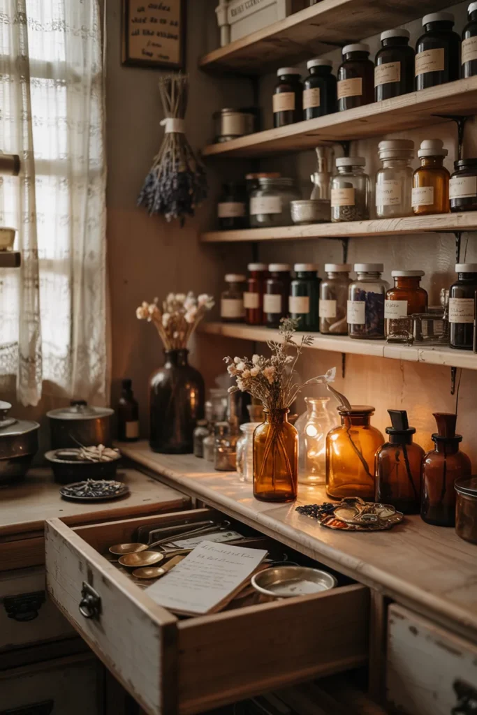 Vintage grandma aesthetic apothecary pantry with amber glass bottles, dried lavender bundles, botanical prints, labeled jars, old wooden drawers, candlelight, herbal cottage decor, and whimsical cozy vintage styling.