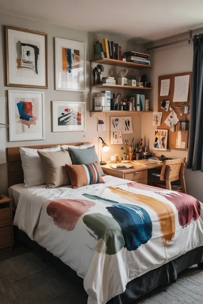 Compact art student dorm room with gallery-style walls, inspiration board, paint-inspired bedding, creative desk setup, organized art supplies, and cozy studio aesthetic.
