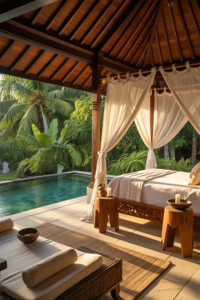 Balinese-inspired open pavilion pool house guest suite with sheer curtains, wooden bed, and seamless indoor-outdoor flow to a tropical summer pool surrounded by lush greenery.