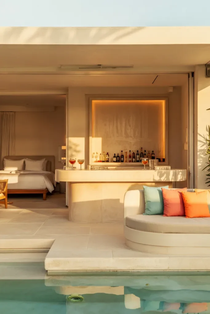 Pool house with bar lounge and guest bedroom layout, featuring a stylish bar area and cozy sleeping space opening to a bright summer pool for entertaining.