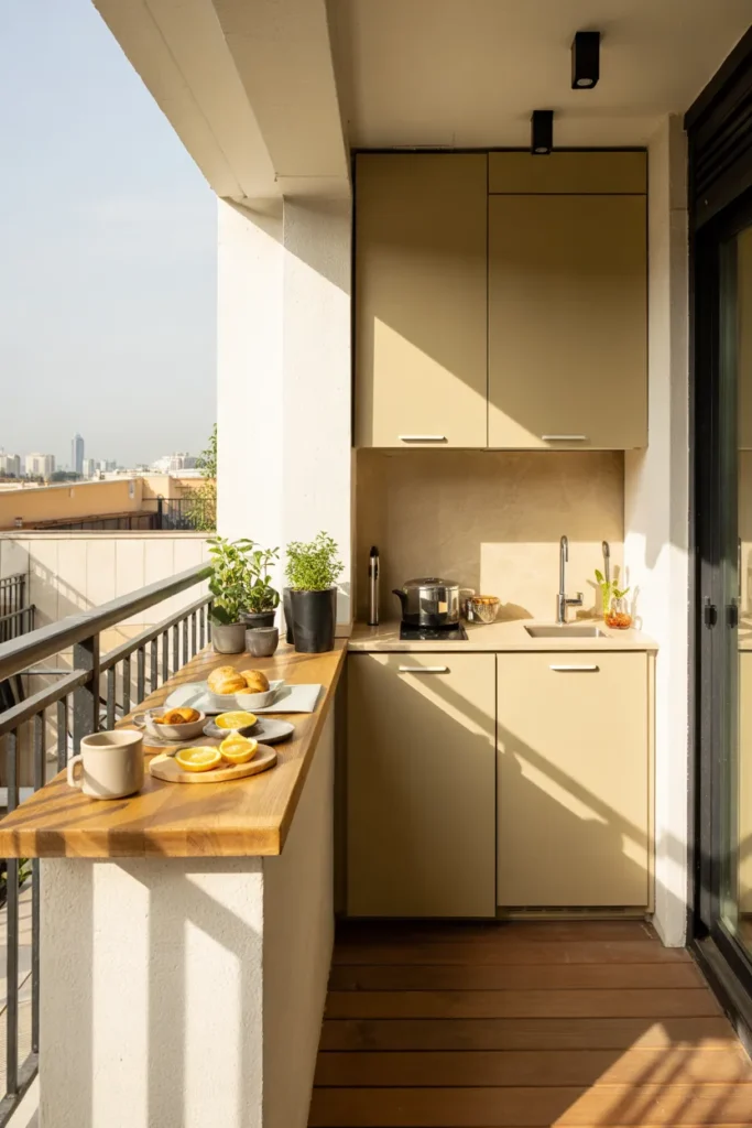 Small modern balcony kitchen with a slim bar and prep zone, compact olive-beige kitchenette, open black railings, teak flooring, and casual dining stools.