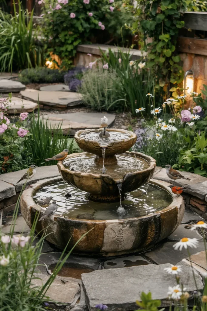 Whimsical bird bath fountain pond with layered stone basins, bubbling water, native flowers, birds, and modern transitional home landscaping.