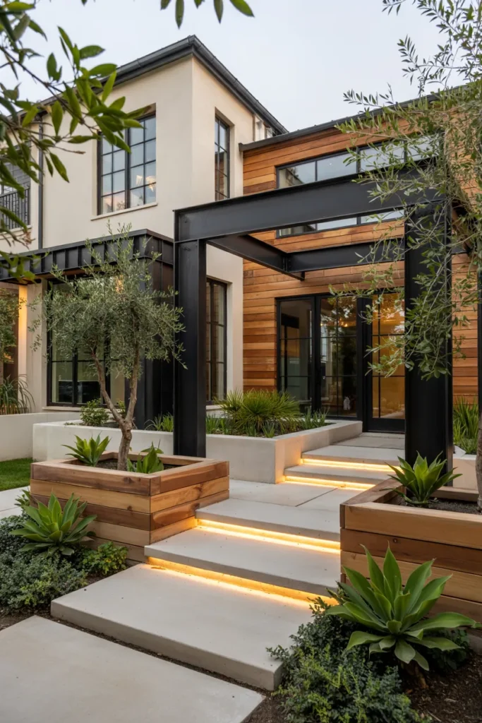Modern US home with matte black and cedar wood exterior accents, contemporary landscaping, geometric pathways, and luxury modern curb appeal.