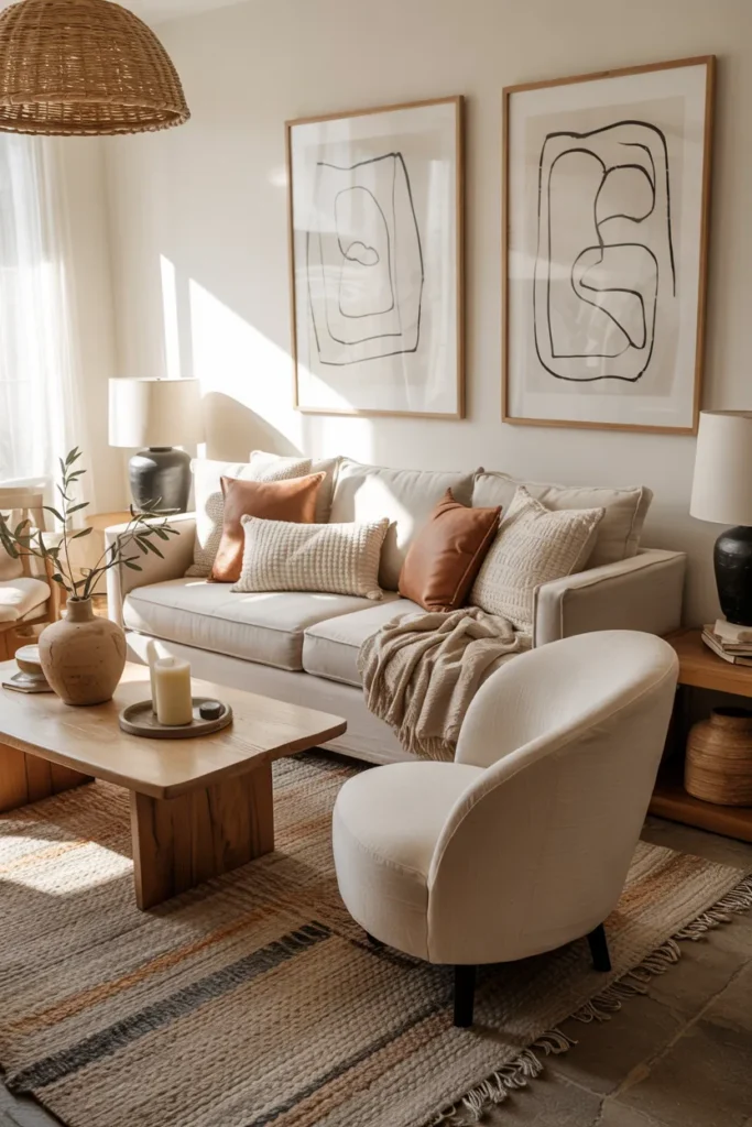 Modern boho living room with black accent lighting and frames, cream linen sofa, layered earthy textures, warm wood furniture, woven decor, and soft golden natural sunlight.