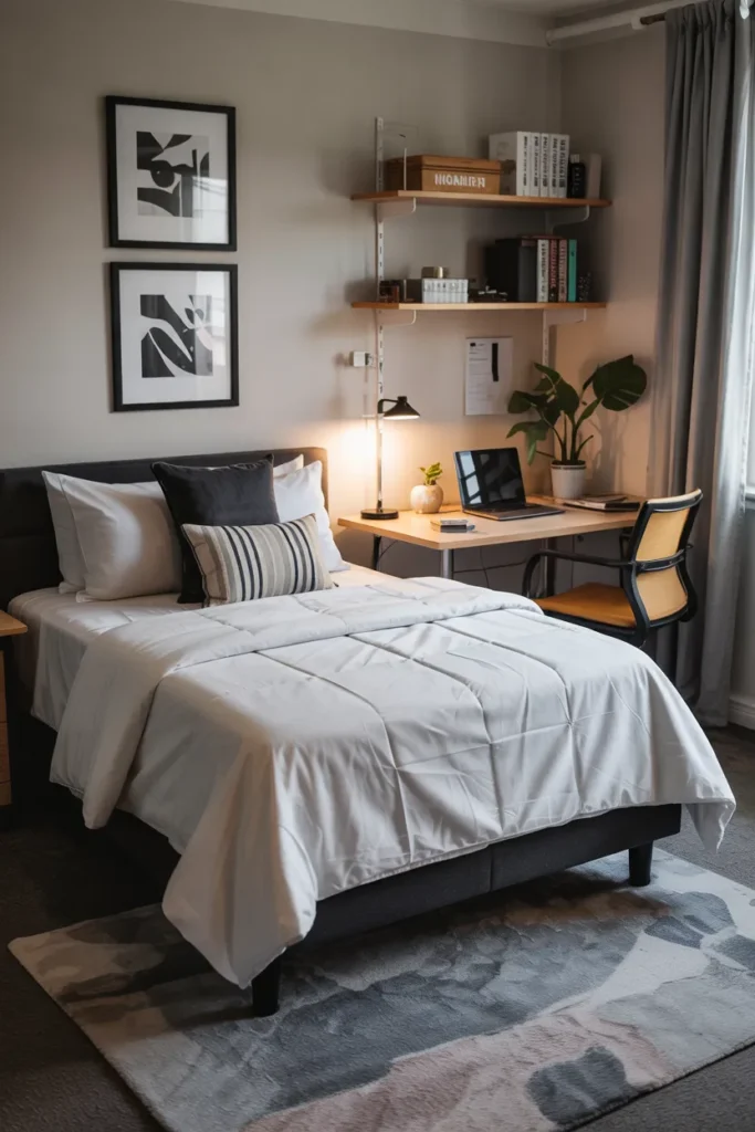 Compact modern black-and-white dorm room with neatly made single bed, crisp white bedding, black accents, graphic wall art, sleek study desk, metal details, and realistic small dorm layout.