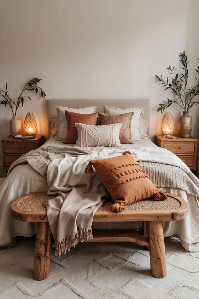 Modern boho bedroom with a textured bench at the foot of the bed, layered earthy bedding, warm wood furniture, woven decor, soft ambient lighting, and golden natural sunlight.