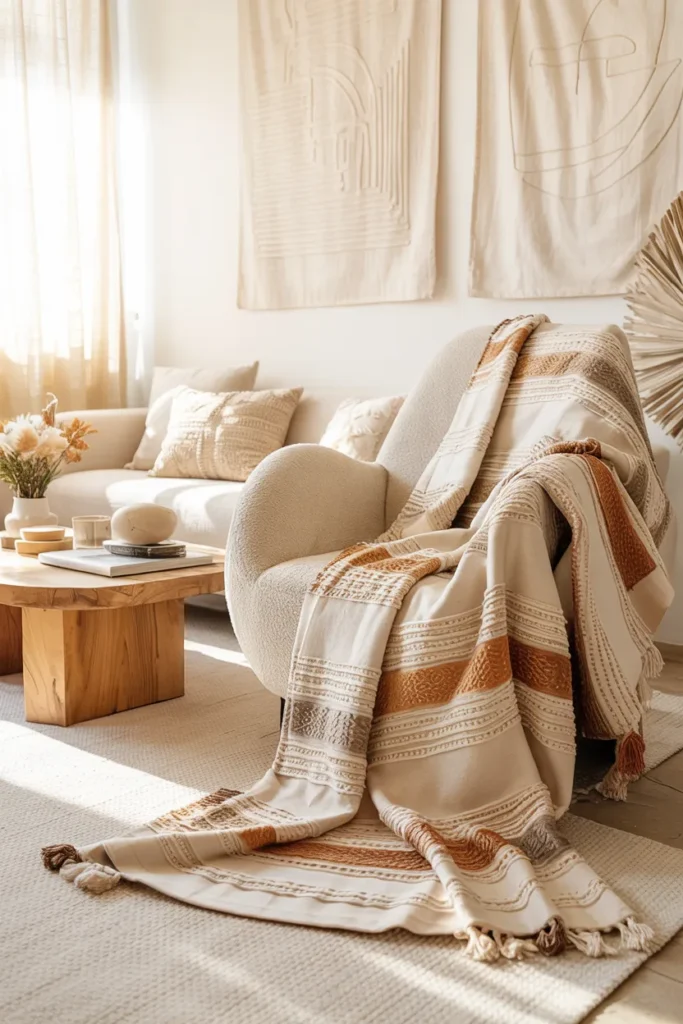 Modern boho living room with a fringed throw blanket casually draped over a cream linen sofa, layered textured pillows, warm wood furniture, neutral rugs, woven decor, and soft golden natural light.
