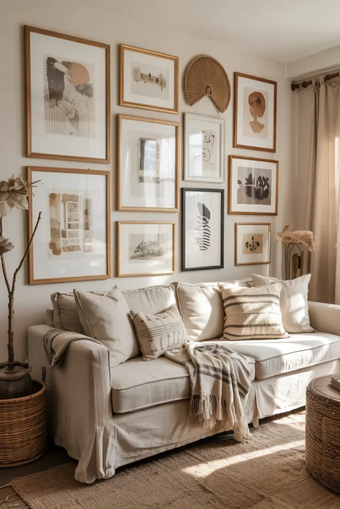 Modern boho living room with a curated gallery wall of abstract line art and sketches, cream linen sofa, textured neutral pillows, warm wood furniture, layered rugs, and soft golden natural lighting.