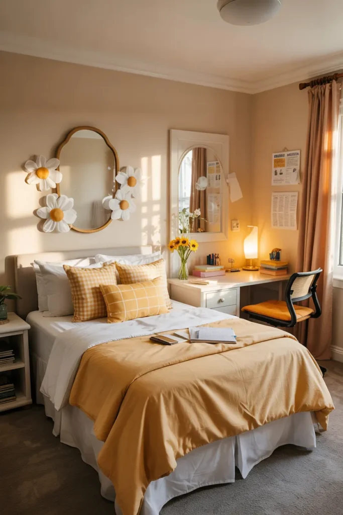 Compact butter yellow dorm room with neatly made single bed, sunny yellow bedding, cheerful retro decor, cozy study desk, soft white accents, and realistic small dorm layout.