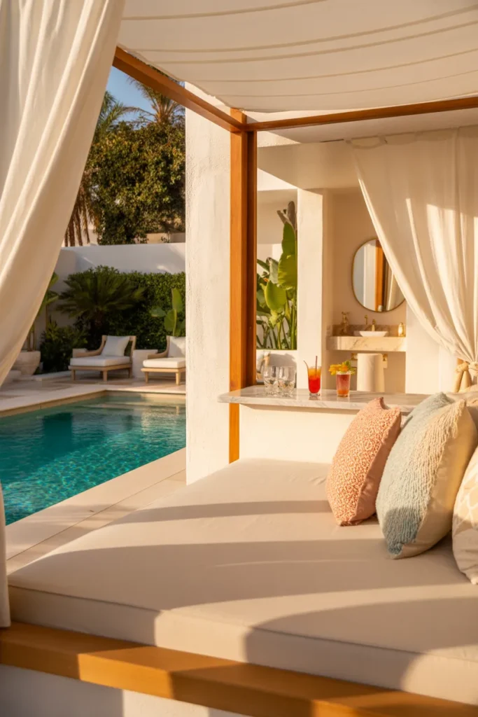 Luxury hotel-style pool house cabana suite with plush daybed, mini bar, ensuite bath, and open view to a bright summer pool with tropical resort vibes.