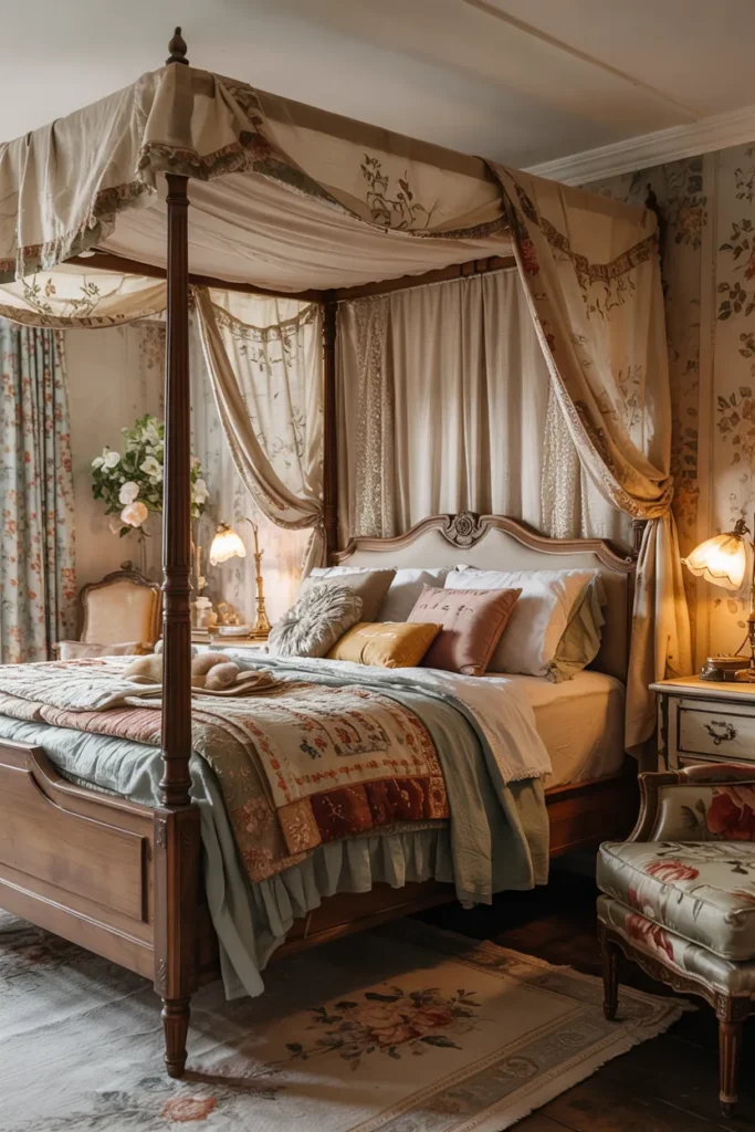 Vintage grandma aesthetic canopy bed with sheer embroidered curtains, floral bedding, lace textiles, warm lighting, cottagecore wallpaper, romantic vintage decor, and whimsical storybook bedroom styling.
