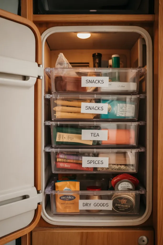 RV cabinet with clear labeled storage bins neatly organizing small pantry items in a tight, space-saving layout