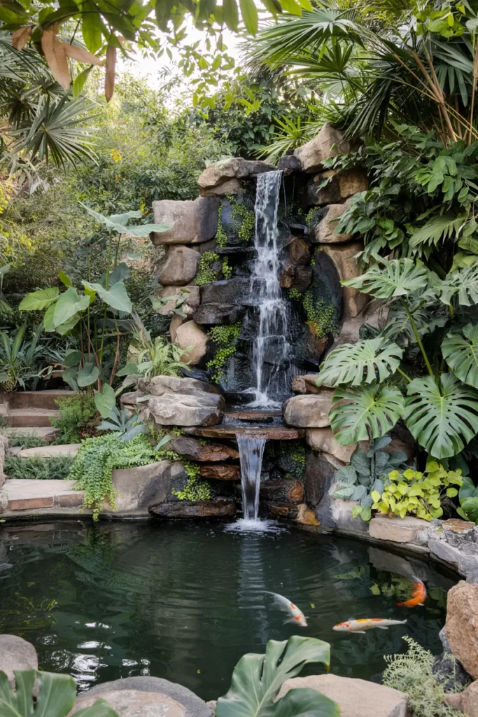 Cliffside waterfall koi pond with dramatic stacked-rock waterfalls, oversized tropical plants, and modern transitional home landscaping.