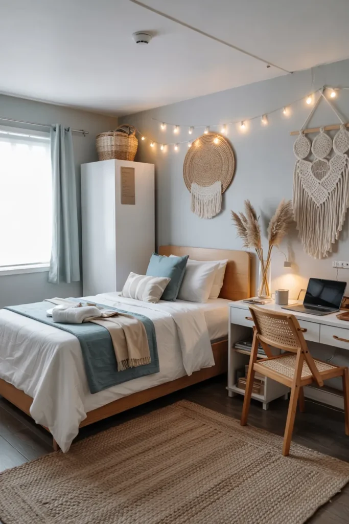 Compact coastal dorm room with neatly made single bed, airy blue bedding, sandy beige accents, striped textiles, cozy study desk, and realistic breezy beach-inspired dorm layout.
