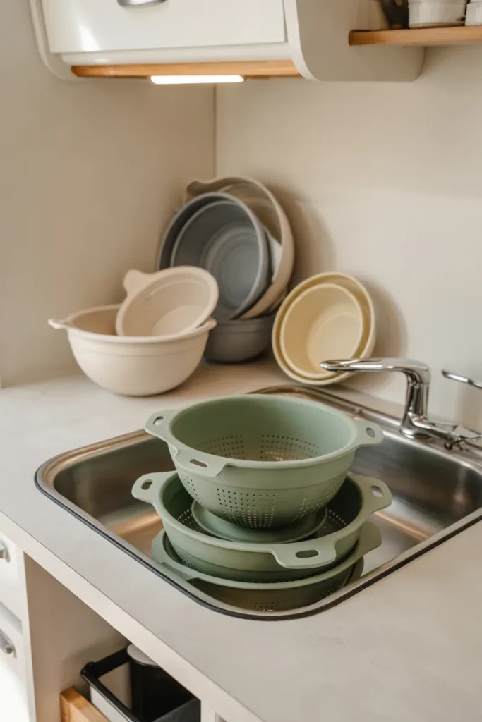 RV kitchen sink area featuring collapsible silicone colanders and bowls neatly organized.