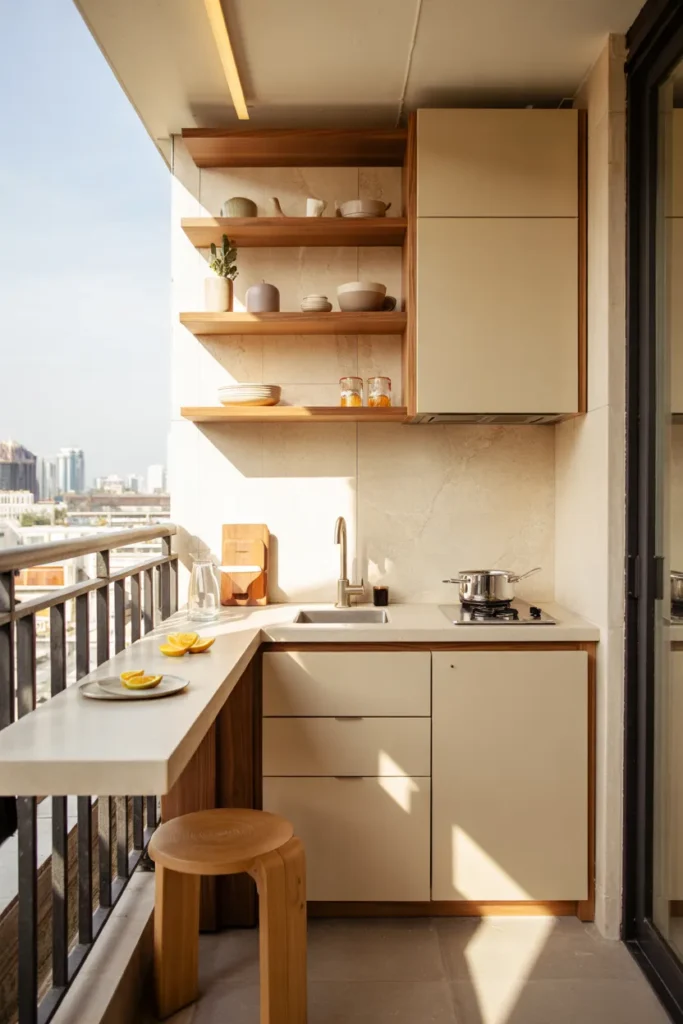 Small modern balcony kitchen with a compact L-shaped counter, beige cabinetry, walnut accents, open black railings, and stylish urban apartment design.