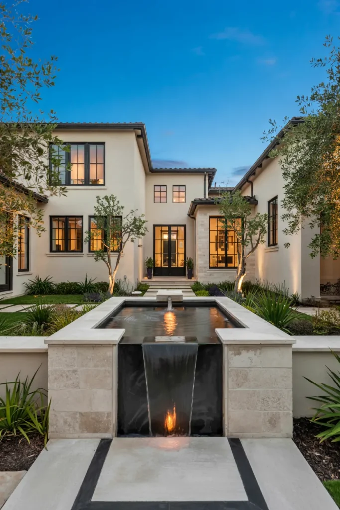 Modern US home with a contemporary front yard water feature including a reflecting pool, slim water wall, floating pavers, and luxury landscaping.