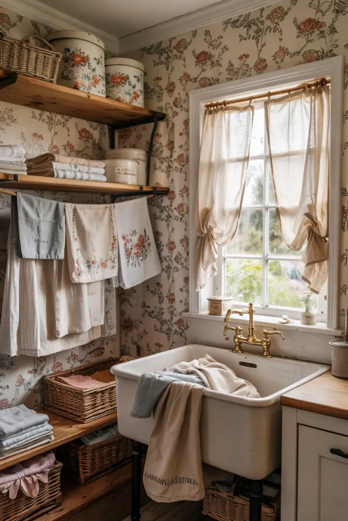 Vintage grandma aesthetic cottage laundry room with floral wallpaper, wicker hampers, linen curtains, vintage detergent jars, warm lighting, embroidered linens, and whimsical cozy cottagecore decor.