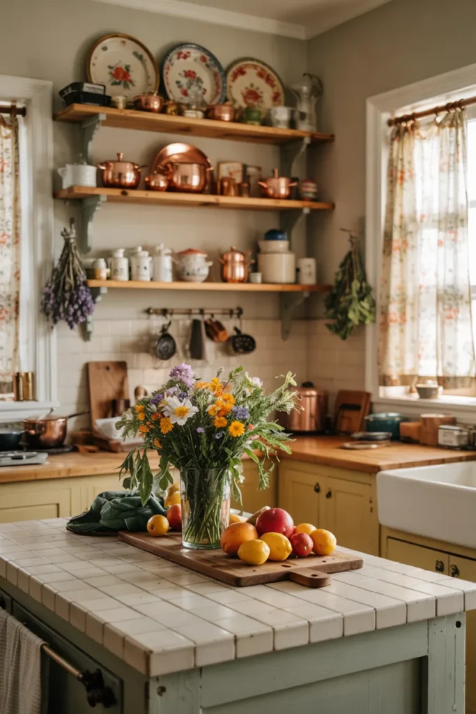 Vintage grandma aesthetic cottagecore kitchen with open wood shelving, copper pots, floral dishes, gingham towels, hanging herbs, antique breadboards, warm golden lighting, and colorful cozy cottage decor.