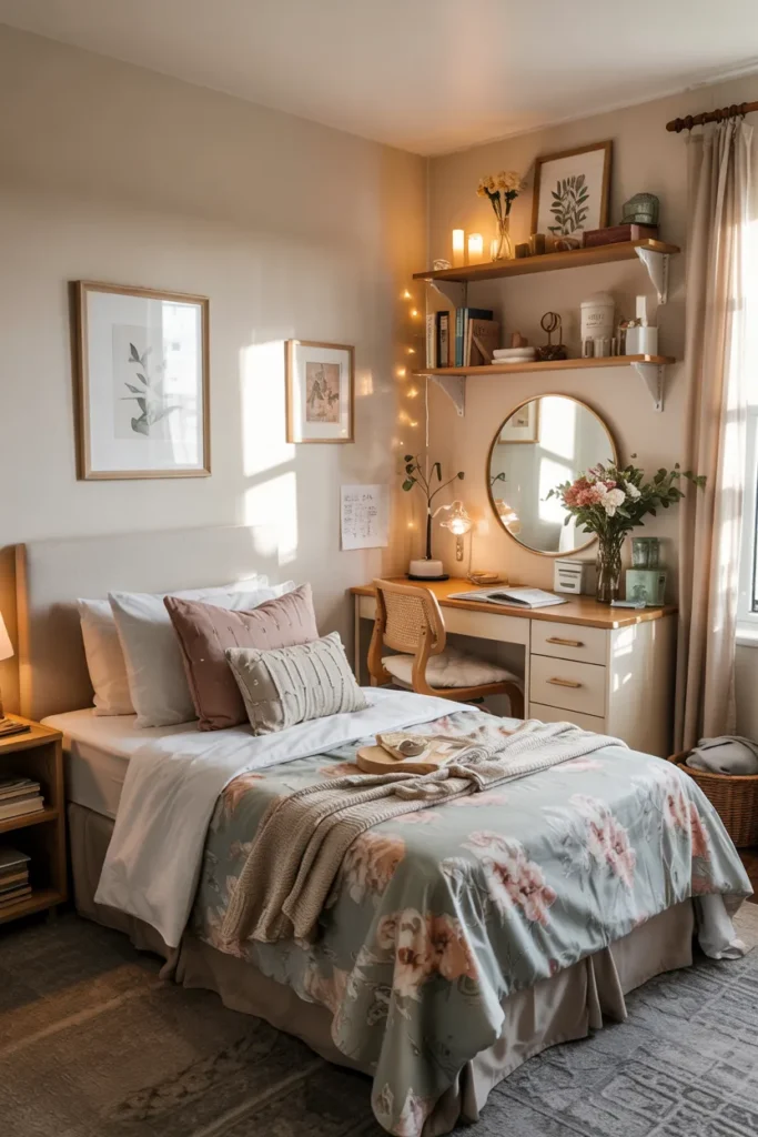 Compact cottagecore dorm room with neatly made single bed, floral bedding, lace details, antique-style decor, cozy study desk, and realistic romantic dorm layout.