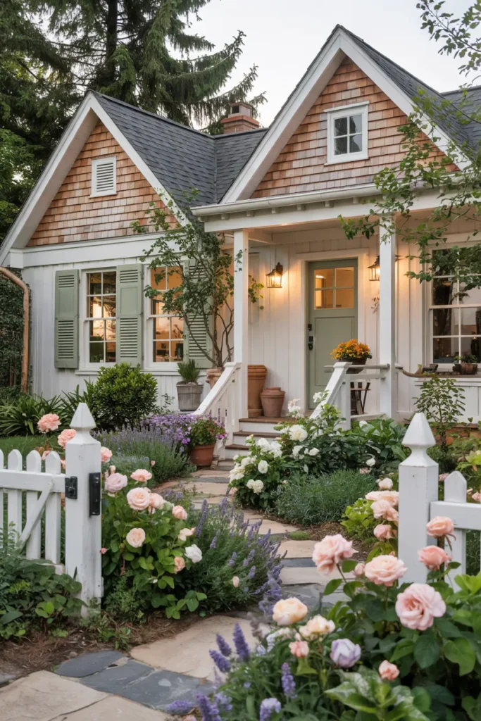 Modern cottage-style home with a cottagecore front garden featuring climbing roses, overflowing flowers, white picket accents, and romantic vintage-inspired landscaping.