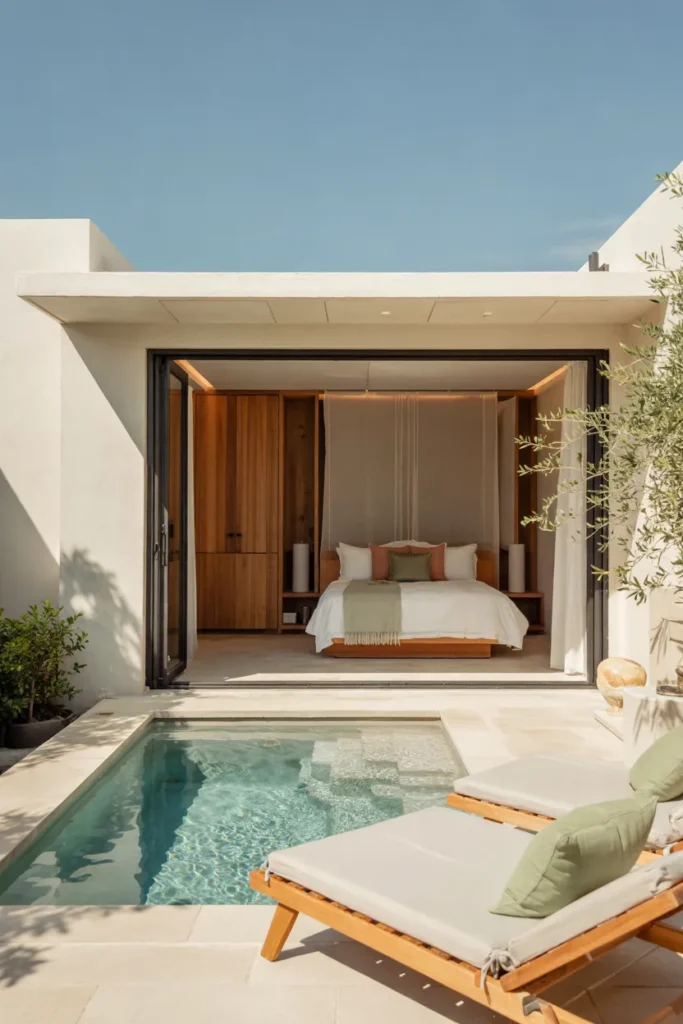 Modern courtyard-style pool house guest suite wrapping around a central turquoise pool with open glass walls, minimal interiors, and fresh summer styling.