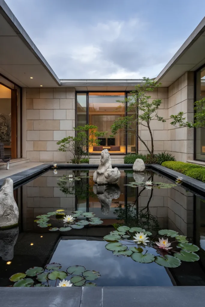 Luxury courtyard reflection pond with mirror-like water, floating lilies, sculptural rocks, soft lighting, and modern resort-style landscaping.