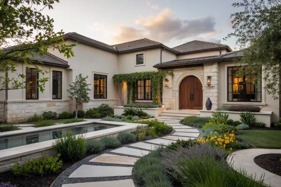 Luxury modern US home with trending 2026 front yard landscaping including curved pathways, ornamental grasses, pergola lighting, olive trees, layered stone landscaping, and upscale curb appeal.