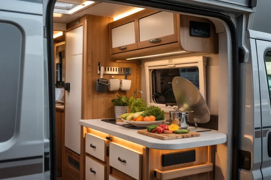 Compact luxury RV camper kitchenette featuring smart space-saving hacks like fold-down counters, pull-out pantry storage, under-cabinet mug hooks, and modern compact appliances with cozy warm lighting