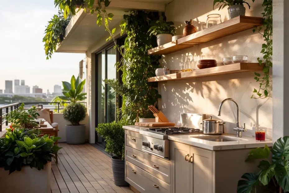 a luxurious narrow balcony kitchen with greenery, travertine countertops, compact modern kitchenette, floating shelves, and stylish small-space apartment design.