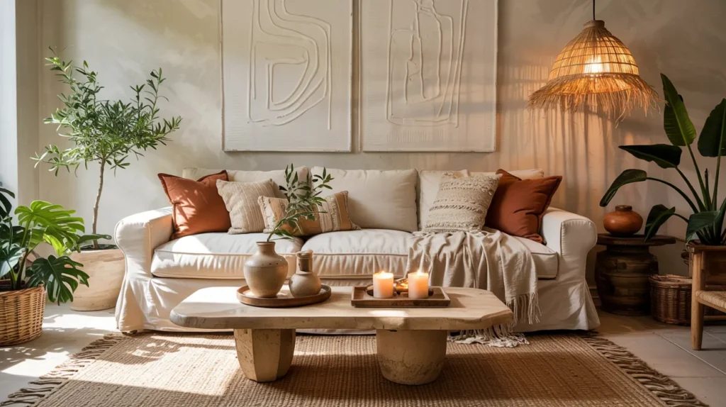 Pinterest-worthy modern boho living room with cream linen sofa, layered earthy textures, woven pendant light, warm wood furniture, indoor plants, ceramic decor, and soft golden sunlight.