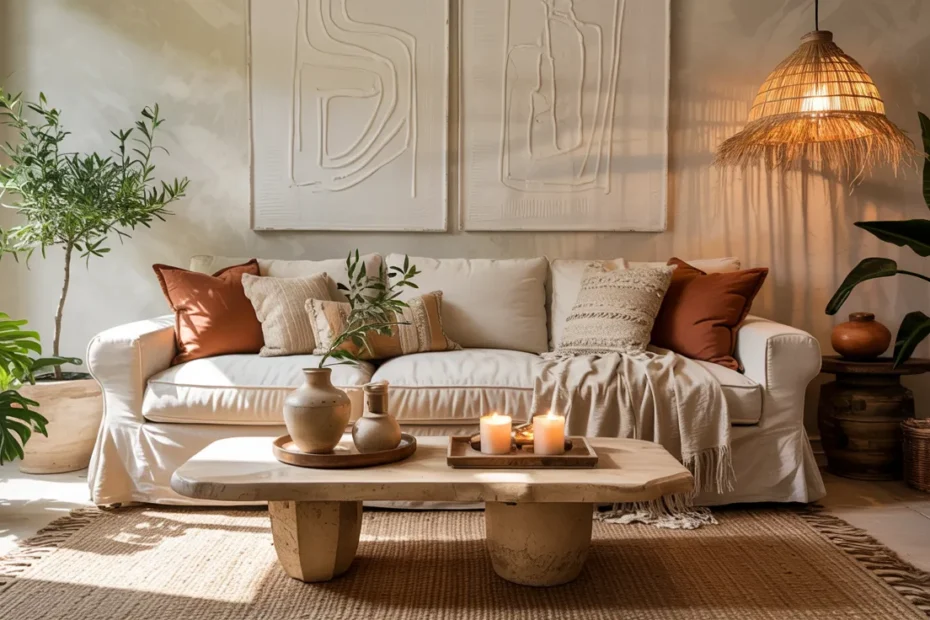 Pinterest-worthy modern boho living room with cream linen sofa, layered earthy textures, woven pendant light, warm wood furniture, indoor plants, ceramic decor, and soft golden sunlight.