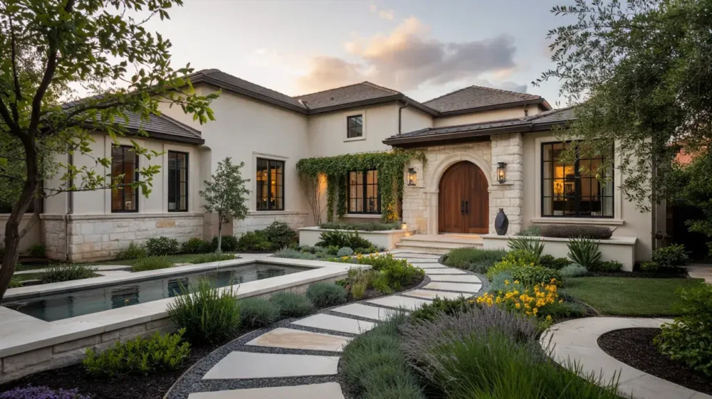 Luxury modern US home with trending 2026 front yard landscaping including curved pathways, ornamental grasses, pergola lighting, olive trees, layered stone landscaping, and upscale curb appeal.
