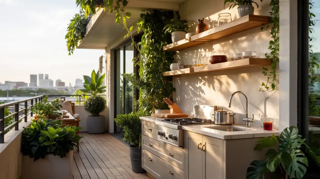 a luxurious narrow balcony kitchen with greenery, travertine countertops, compact modern kitchenette, floating shelves, and stylish small-space apartment design.