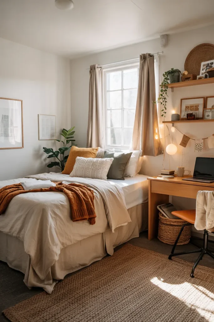 Compact cozy boho dorm room with neatly made single bed, rattan decor, tapestry wall art, study desk, woven baskets, earthy neutral colors, and realistic small dorm layout.