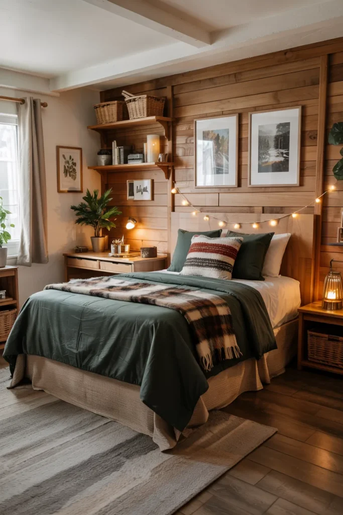 Compact cozy cabin dorm room with plaid bedding, warm wood furniture, knit blankets, fairy lights, small study desk, rustic storage, and mountain-lodge inspired dorm aesthetic.