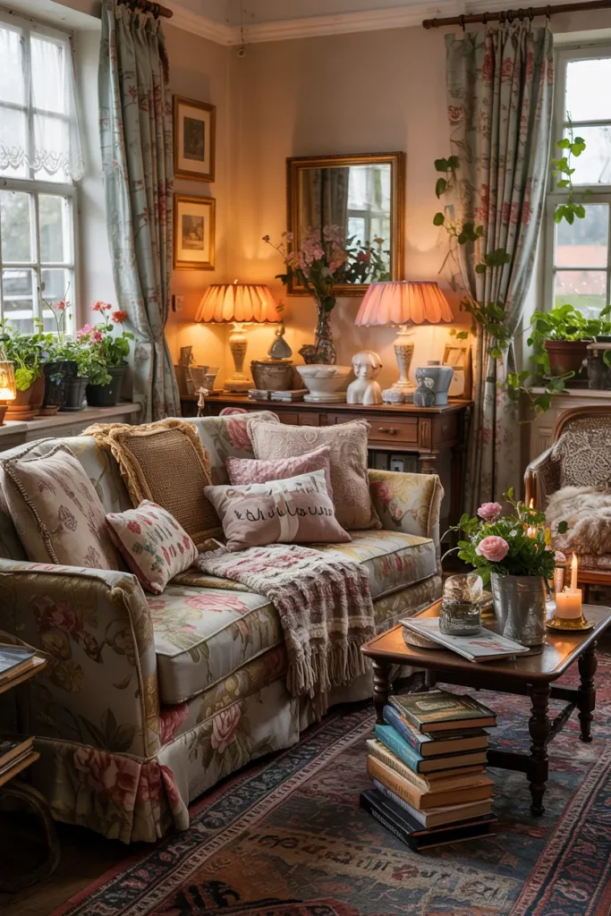 Cozy vintage grandma aesthetic living room with floral sofas, crocheted throws, pleated lampshades, dark wood furniture, stacked vintage books, layered rugs, warm lighting, cottagecore decor, and whimsical colorful antiques.