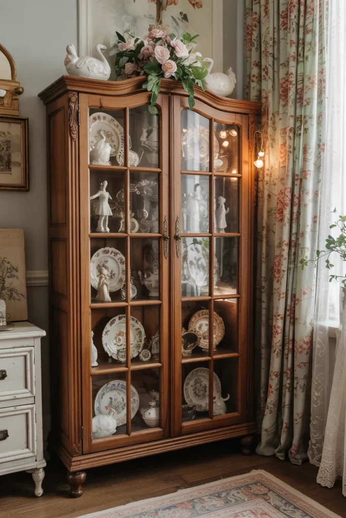 Vintage grandma aesthetic curio cabinet filled with porcelain figurines, heirloom china, pressed flowers, tiny clocks, crystal glassware, floral wallpaper, warm lighting, and whimsical curated cottagecore decor.