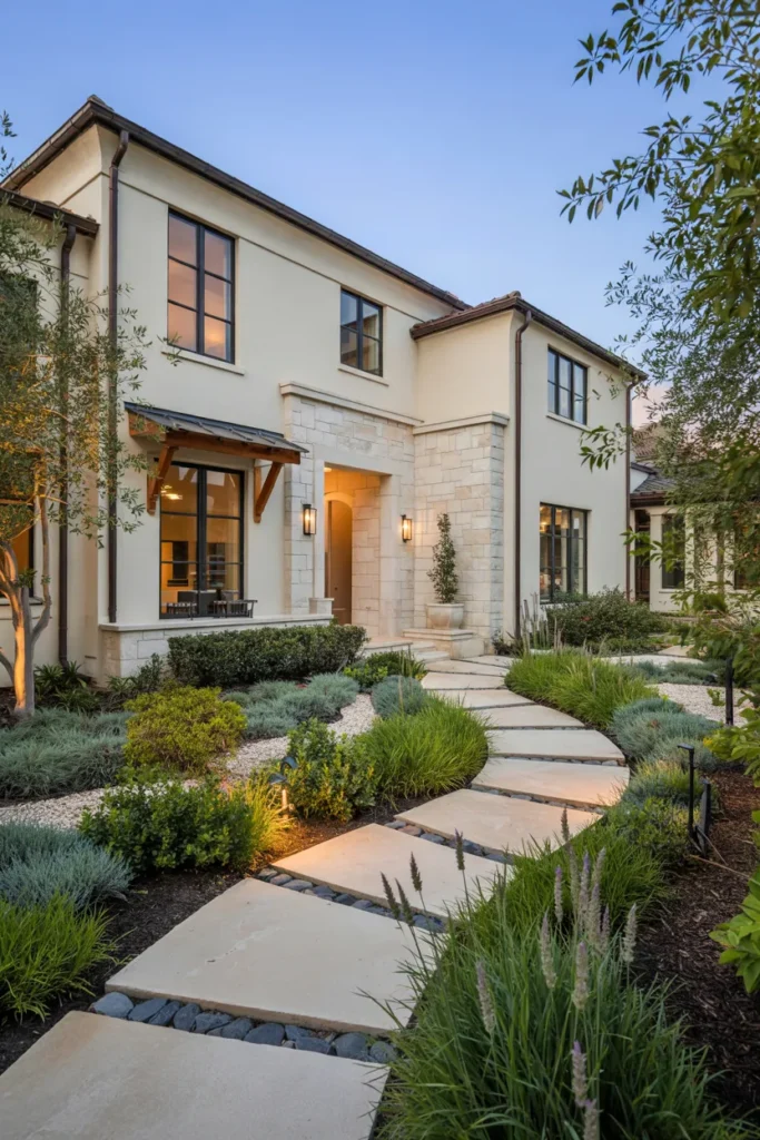 Modern home with curved organic stone pathways, flowing landscaping, ornamental grasses, and luxury resort-inspired front yard design.