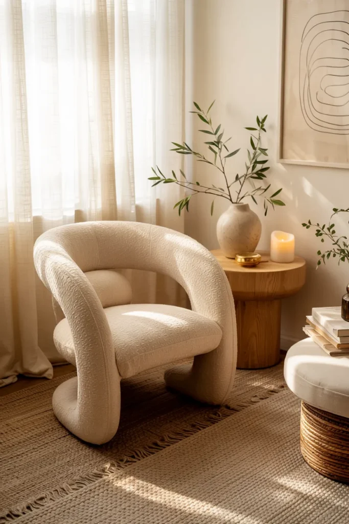 Cozy modern boho living room with a curved boucle accent chair, layered neutral rugs, cream linen sofa, textured pillows, warm wood furniture, ceramic decor, and soft golden natural lighting.