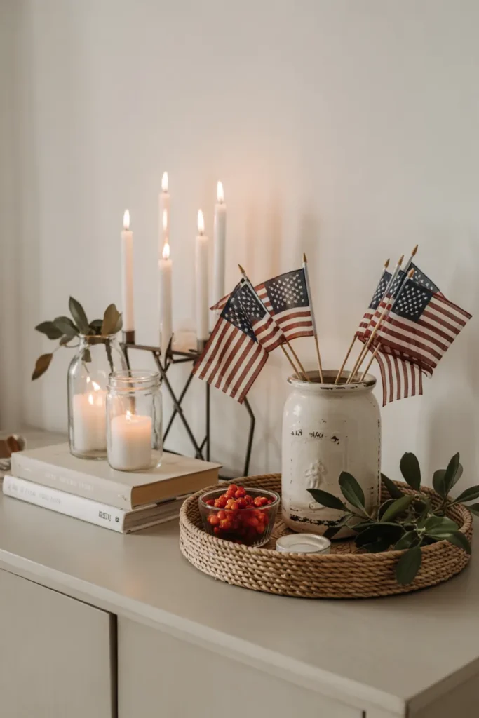 Indoor DIY patriotic vignette with jars, candles, and mini American flags styled on a console table in a bright modern home.