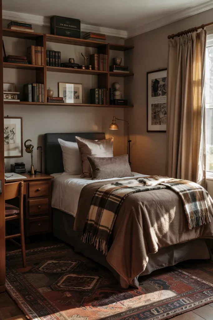 Dark Academia dorm room with neatly made single bed, walnut wood furniture, vintage books, warm moody lamps, rich brown bedding, cozy study desk, and elegant scholarly decor.