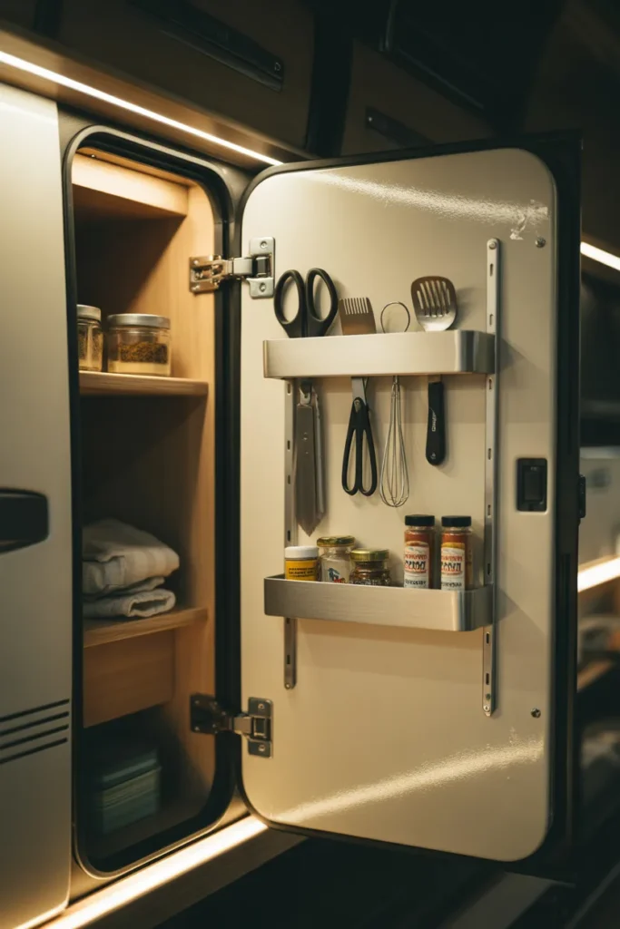 Open RV cabinet door with mounted organizers holding small kitchen tools, showing smart space-saving storage inside a compact kitchenette