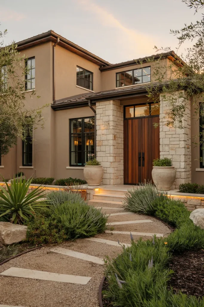 Modern home with an earth-tone exterior palette featuring clay stucco, olive landscaping, warm beige stone, and cohesive luxury front yard design.