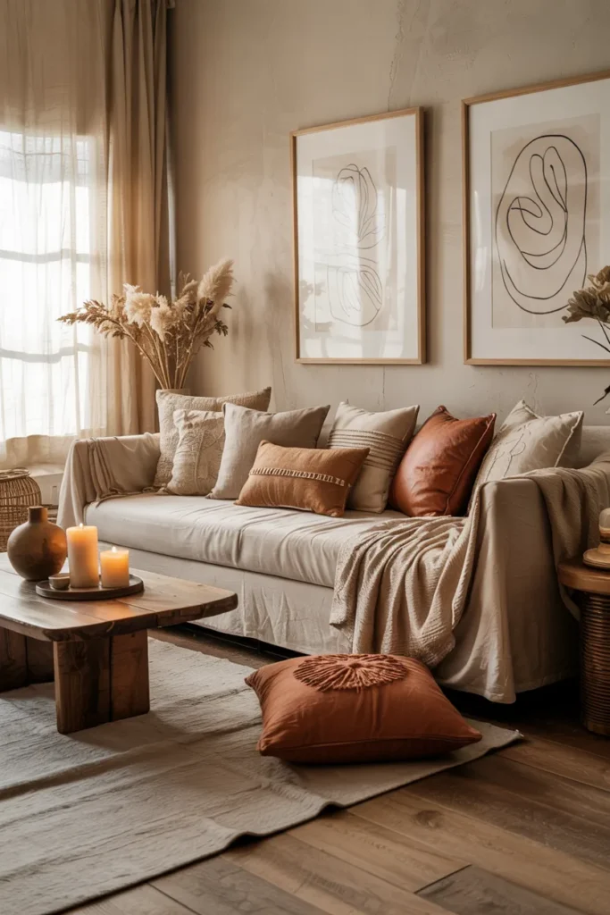 Cozy modern boho living room with earth-toned throw pillows in linen, boucle, and woven textures, layered on a cream sofa with warm wood furniture, neutral rugs, ceramic decor, and soft natural sunlight.
