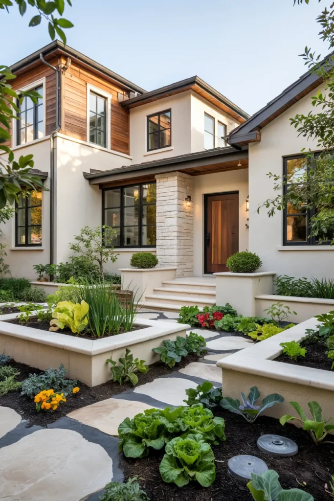 Home with edible front yard landscaping featuring herbs, citrus trees, lavender, kale, edible flowers, and luxury sustainable garden design.