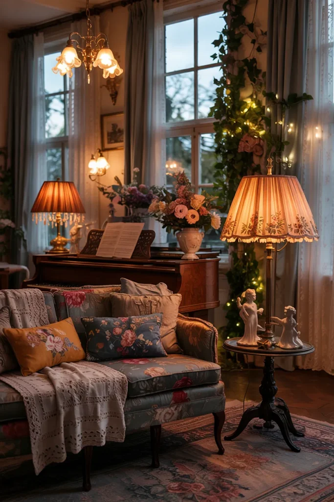Vintage grandma aesthetic living room with warm layered lighting, pleated lampshades, candles, fairy lights, floral furniture, cozy golden glow, cottagecore decor, and whimsical nostalgic evening atmosphere.