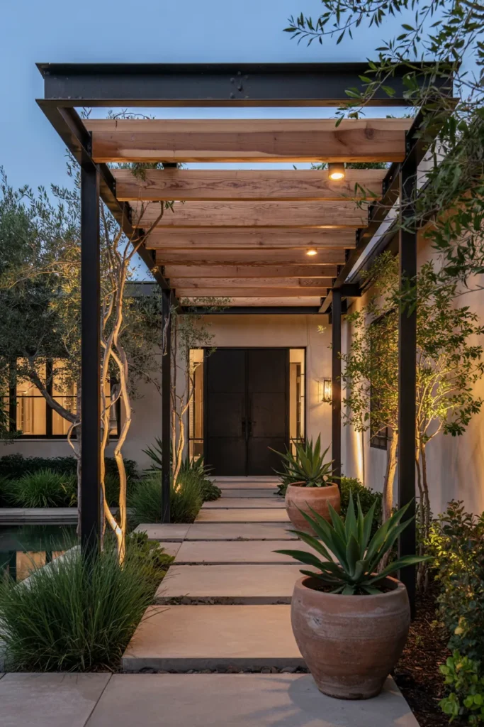 Modern American home with a luxury entry pergola featuring wood slats, integrated lighting, climbing vines, and upscale architectural front yard design.