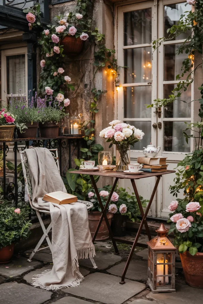 Vintage grandma aesthetic fairy garden balcony with terracotta pots, climbing roses, lanterns, wicker decor, vintage bistro furniture, moss planters, warm lighting, and whimsical cottagecore garden styling.